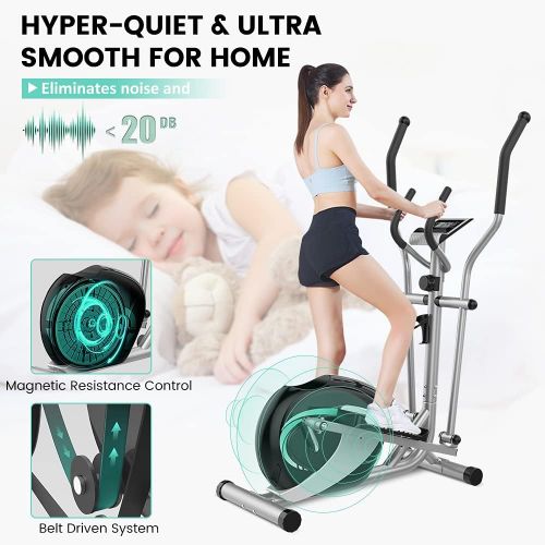  Dripex Elliptical Machine Cross Trainer, 8 Level Ultra Quiet Magnetic Resistance Elliptical Training Machines for Home Use w/ 6KG Flywheel, Pulse Rate Grips, LCD Monitor, iPad & Bo