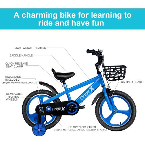  Kids Bike, Dripex Kids Bicycle with Integrated Wheel & Brakes, Safe 14 16 18 20 Inch Boys Bike, Training Wheels, Kickstand, Basket, Bell Included, Dirt Bikes for 3-13 Ages, Blue Pu