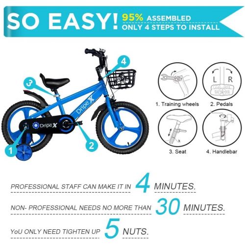  Kids Bike, Dripex Kids Bicycle with Integrated Wheel & Brakes, Safe 14 16 18 20 Inch Boys Bike, Training Wheels, Kickstand, Basket, Bell Included, Dirt Bikes for 3-13 Ages, Blue Pu