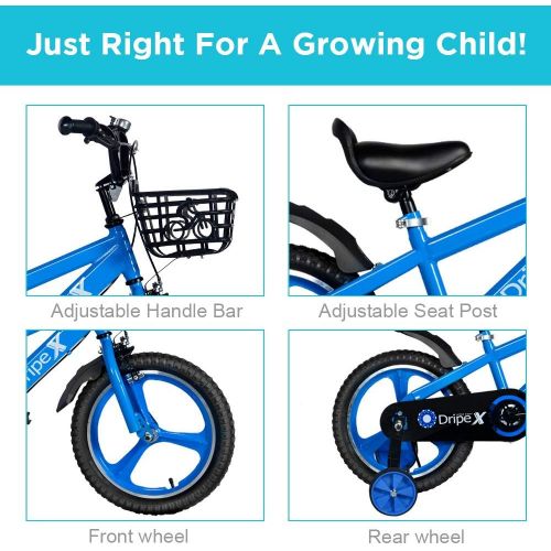  Kids Bike, Dripex Kids Bicycle with Integrated Wheel & Brakes, Safe 14 16 18 20 Inch Boys Bike, Training Wheels, Kickstand, Basket, Bell Included, Dirt Bikes for 3-13 Ages, Blue Pu