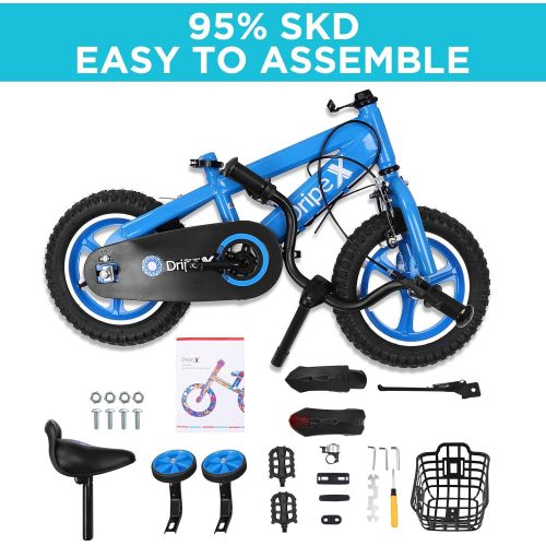  Kids Bike, Dripex Kids Bicycle with Integrated Wheel & Brakes, Safe 14 16 18 20 Inch Boys Bike, Training Wheels, Kickstand, Basket, Bell Included, Dirt Bikes for 3-13 Ages, Blue Pu