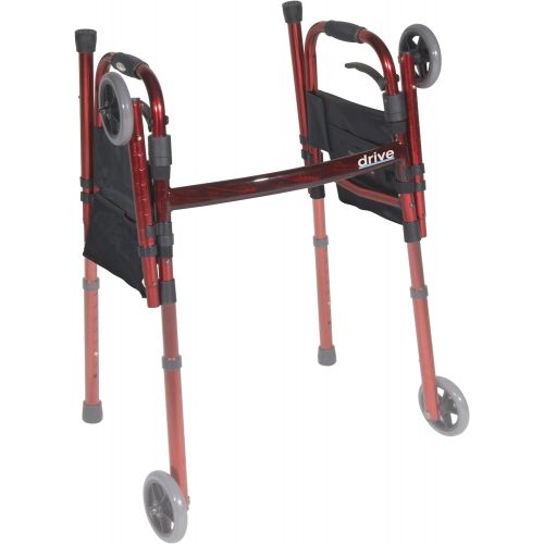  Drive Medical Deluxe Portable Folding Travel Walker with 5 Wheels and Fold up Legs, Red