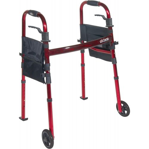  Drive Medical Deluxe Portable Folding Travel Walker with 5 Wheels and Fold up Legs, Red