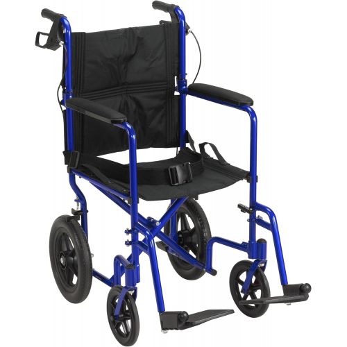  Drive Medical Lightweight Expedition Transport Wheelchair with Hand Brakes, Blue