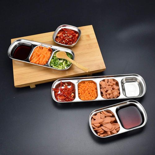  Drizzle Sauce Dish Stainless Steel Soy Tomato Sauce Salt Vinegar Sugar Spices Flavor Condiment Dip Bowls Korean BBQ Home Kitchen Plates (Three squares(3pcs))