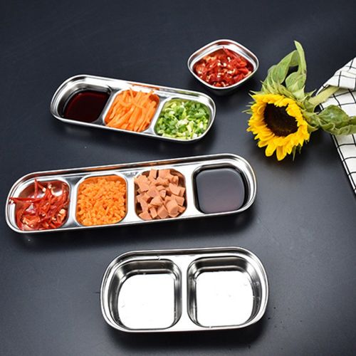  Drizzle Sauce Dish Stainless Steel Soy Tomato Sauce Salt Vinegar Sugar Spices Flavor Condiment Dip Bowls Korean BBQ Home Kitchen Plates (Three squares(3pcs))