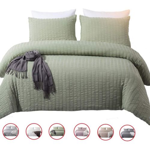  [아마존 핫딜] DuShow Queen Duvet Cover Set Solid Soft Seersucker Bedding Set Hotel Quality High Thread Count 3 Pieces Comforter Cover Set Green