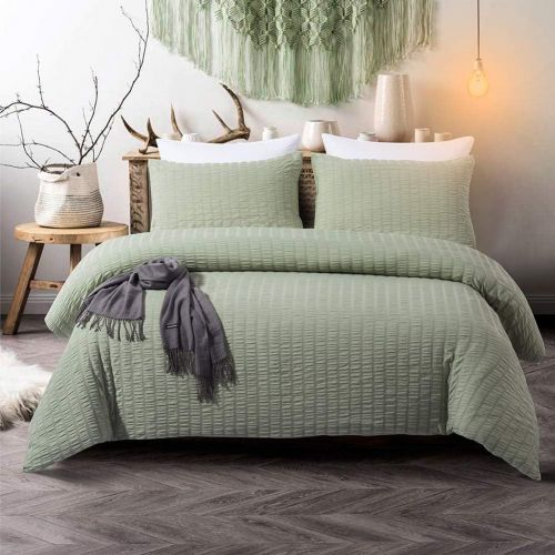  [아마존 핫딜] DuShow Queen Duvet Cover Set Solid Soft Seersucker Bedding Set Hotel Quality High Thread Count 3 Pieces Comforter Cover Set Green