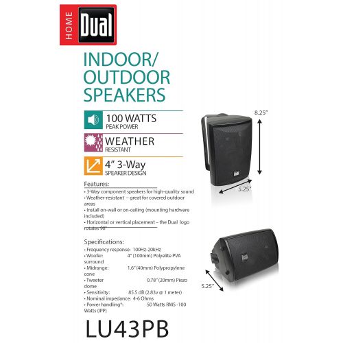  Dual Electronics LU43PB 3-Way High Performance Outdoor Indoor Speakers with Powerful Bass | Effortless Mounting Swivel Brackets | All Weather Resistance | Expansive Stereo Sound Co