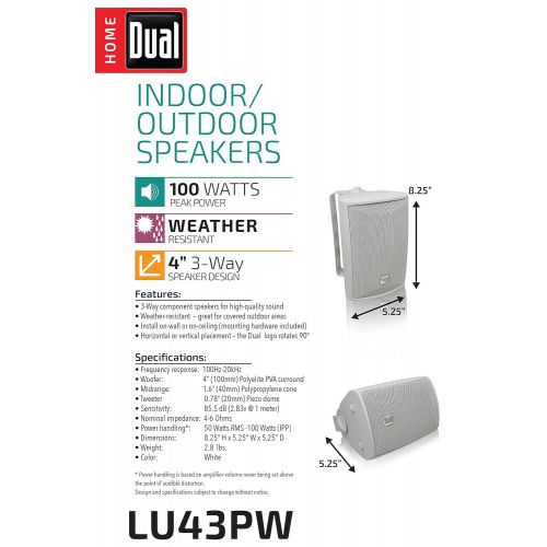  Dual Electronics LU43PW 3-Way High Performance Outdoor Indoor Speakers with Powerful Bass | Effortless Mounting Swivel Brackets | All Weather Resistance | Expansive Stereo Sound Co