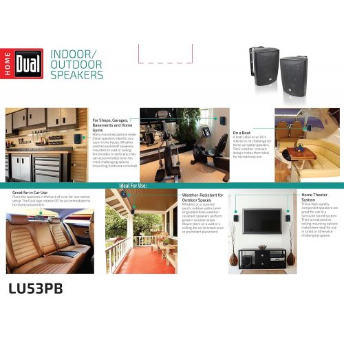  Dual Electronics LU53PB 3-Way High Performance Outdoor Indoor Speakers with Powerful Bass | Effortless Mounting Swivel Brackets | All Weather Resistance | Expansive Stereo Sound Co