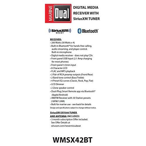  Dual Electronics WMSX42BT Marine Stereo LCD Single DIN Marine Radio with Built-in Bluetooth SiriusXM SXV300 Tuner USB Port