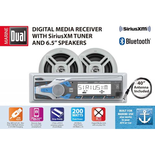 Dual Electronics WCPSX422BT Marine Stereo LCD Single DIN Marine Radio with Built-in Bluetooth SiriusXM SXV300 Tuner Two 6.5-inch Dual Cone Marine Speakers and Marine Antenna