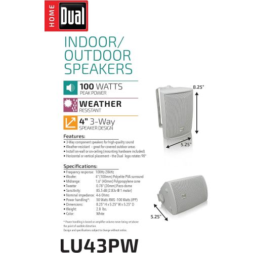  Dual Electronics LU43PW 3-Way High Performance Outdoor Indoor Speakers with Powerful Bass Effortless Mounting Swivel Brackets All Weather Resistance Expansive Stereo Sound Coverage