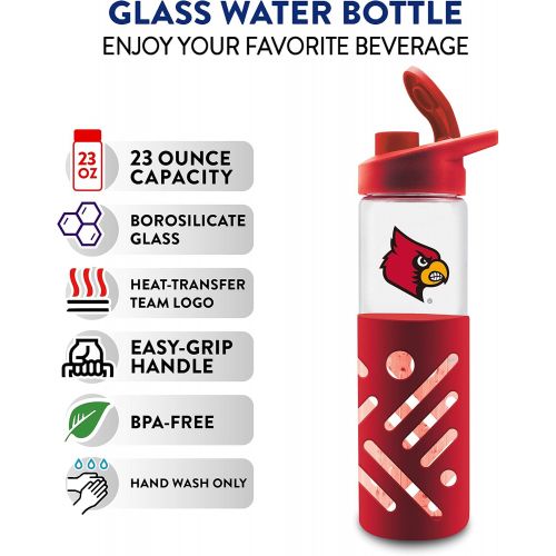  Duck House NCAA University of Louisville Glass Water Bottle with Carrying Handle Premium Glassware Silicon Protector Sleeve Flip Top Lid BPA-Free 23oz