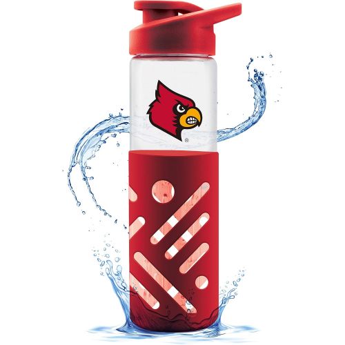  Duck House NCAA University of Louisville Glass Water Bottle with Carrying Handle Premium Glassware Silicon Protector Sleeve Flip Top Lid BPA-Free 23oz