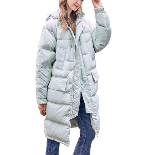  Duck down LQYRF Winter Ladies Long Hooded Loose Zipper Bean Green Thick Down Jacket 76%~80% White Duck Down Polyester