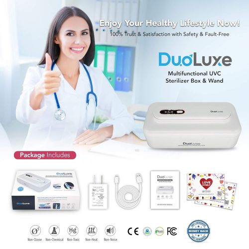  DuoLuxe UV Light Sanitizer Box - UV Light Sanitizer Wand - Multi-Functional UV Sterilizer, Phone Sanitizer - Kills 99.9% of Bacteria & Virus - Portable, Rechargeable, Ultraviolet L