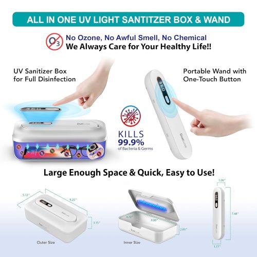  DuoLuxe UV Light Sanitizer Box - UV Light Sanitizer Wand - Multi-Functional UV Sterilizer, Phone Sanitizer - Kills 99.9% of Bacteria & Virus - Portable, Rechargeable, Ultraviolet L