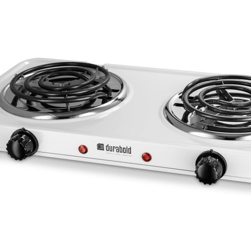  Kitchen Countertop Cast-Iron Double Burner - Stainless Steel Body  Ideal for RV, Small Apartments, Camping, Cookery Demonstrations, or as an Extra Burner  by Durabold (White)