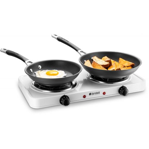  Kitchen Countertop Cast-Iron Double Burner - Stainless Steel Body  Ideal for RV, Small Apartments, Camping, Cookery Demonstrations, or as an Extra Burner  by Durabold (White)