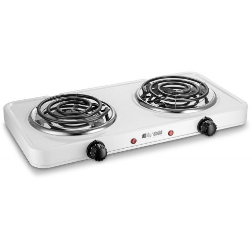  Kitchen Countertop Cast-Iron Double Burner - Stainless Steel Body  Ideal for RV, Small Apartments, Camping, Cookery Demonstrations, or as an Extra Burner  by Durabold (White)