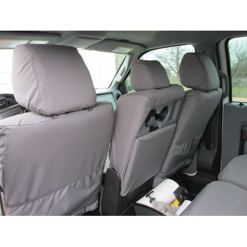  Durafit Seat Covers Made to fit 2014 Ford F150 or 2015 F250-F550 XLT and Lariat, 40/20/40 Split Seat with Opening Center Console, Exact Fit Seat Covers in Charcoal Gray Endura