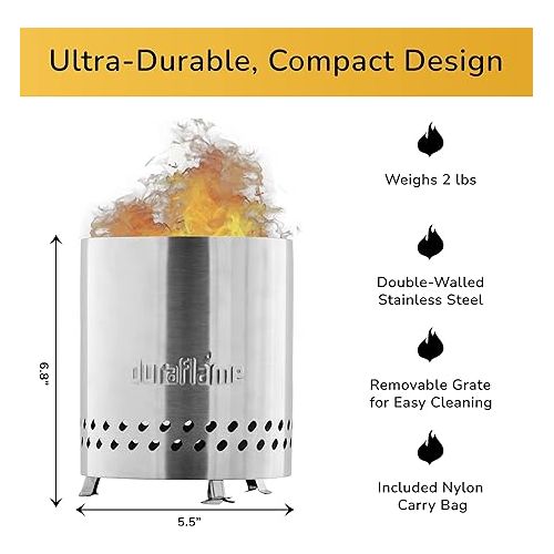  Duraflame 5.5 inch Table Top Fire Pit with Built-in Stand & Removable Grate, Low Smoke, Portable Mini for Outdoor Use, Wood or Pellets, Double Walled Stainless Steel, Travel Bag Included., 5.5 in Pit