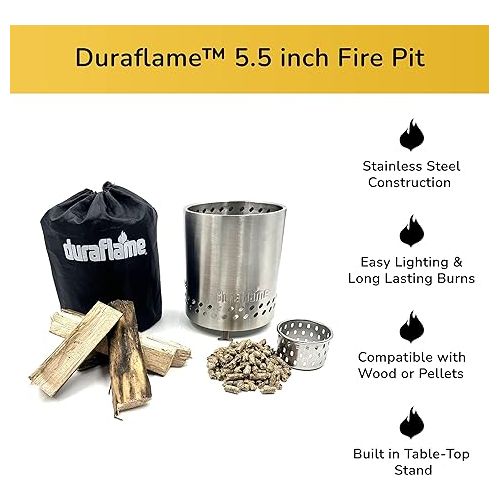  Duraflame 5.5 inch Table Top Fire Pit with Built-in Stand & Removable Grate, Low Smoke, Portable Mini for Outdoor Use, Wood or Pellets, Double Walled Stainless Steel, Travel Bag Included., 5.5 in Pit