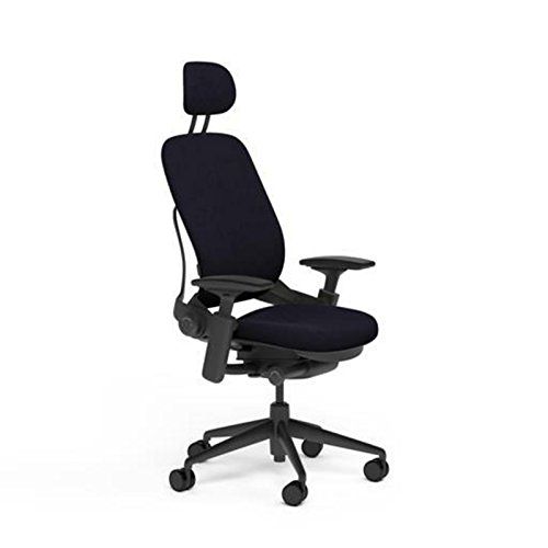  Duramont Steelcase Leap Desk Chair with Headrest in Buzz2 Black Fabric - Highly Adjustable Arms - Black Frame and Base - Standard Carpet Casters