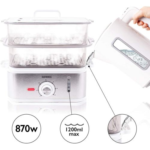  [아마존베스트]Duronic FS87 Steamer 870W 3 Steamers BPA Free Water Level Indicator 10.6L Capacity Ideal for Vegetables, Rice, Fish and More