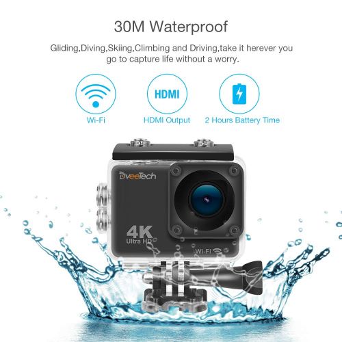  4k Action Camera Waterproof 30M Underwater Camera 2.0 inch Screen WiFi Sports Camera 16Mp DV Camcorder Ultra HD 1080P Bike Helmet Camera with 2.4 G Remote 2 Batteries DveeTech