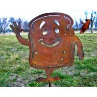 Dwcmetals Whimsical garden art - Happy toast man - Metal garden stake - Cheerful character - Outdoor home decor - Rustic humor - Flowerbed accent