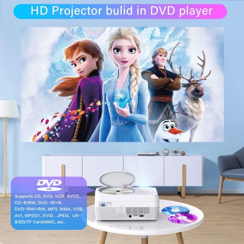  Dxyiitoo Full HD WiFi Bluetooth Projector Built in DVD Player, 8000LM 1080P Supported, Portable Mini DVD Projector for Outdoor Movies, 250 Home Theater, Compatible with iOS/Android/TV Stick