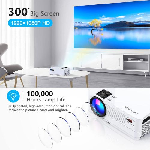  Dxyiitoo Native 1080P Projector with WiFi and Two-Way Bluetooth, Full HD Movie Projector for Outdoor Movies, 300 Display Projector 4k Home Theater, Compatible with iOS/Android/PC/XBox/PS4/T