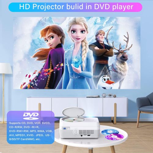 Dxyiitoo Full HD Bluetooth Projector Built in DVD Player, 7500LM 1080P Supported, Portable Mini DVD Projector for Outdoor Movies, 250 Home Theater, Compatible with iOS/Android/TV Stick/PS4/