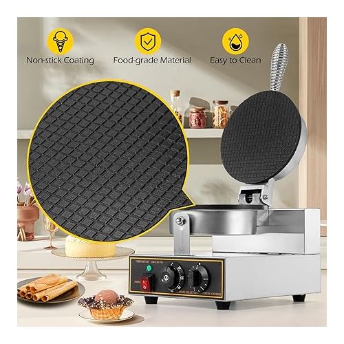  Dyna-Living Commercial Ice Cream Cone Machine Waffle Cone Maker 110V Electric Stainless Steel Egg Roll Mold Nonstick Waffle Cone and Bowl Maker for Home Restaurant Use 1200W