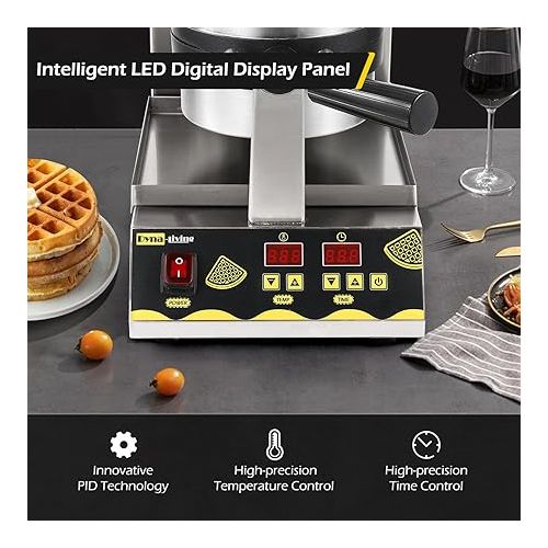  Dyna-Living Belgian Waffle Maker Commercial Intelligent Round Waffle Maker Rotating 180° Nonstick Flip Waffle Iron Machine Professional Commercial Waffle Maker for Restaurant 110V 1200W