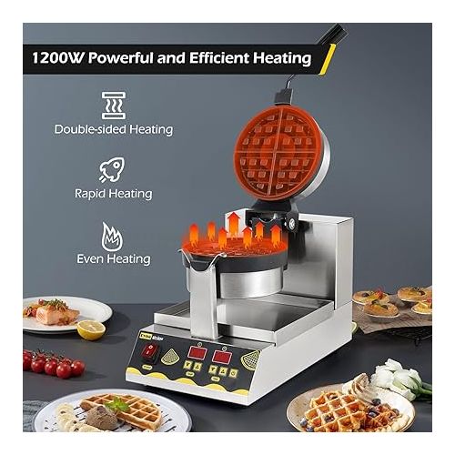  Dyna-Living Belgian Waffle Maker Commercial Intelligent Round Waffle Maker Rotating 180° Nonstick Flip Waffle Iron Machine Professional Commercial Waffle Maker for Restaurant 110V 1200W