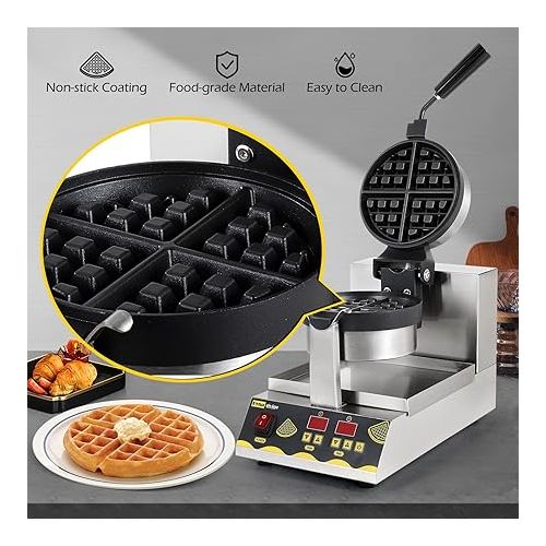  Dyna-Living Belgian Waffle Maker Commercial Intelligent Round Waffle Maker Rotating 180° Nonstick Flip Waffle Iron Machine Professional Commercial Waffle Maker for Restaurant 110V 1200W