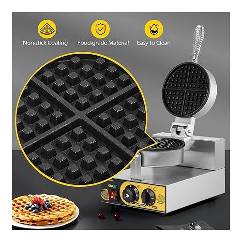  Dyna-Living Commercial Waffle Maker Electric Waffle Iron Nonstick Restaurant Flip Waffle Cones Maker Machine Waffle Bowl Maker for Household Bakeries Snack Bar 110V 1200W