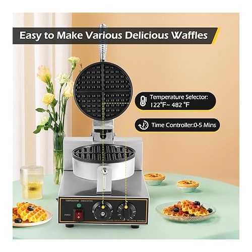  Dyna-Living Waffle Maker Commercial Waffle Maker Machine 110V 1200W Non-stick Waffle Iron Maker Stainless Steel Round Commercial Waffle Maker for Restaurant