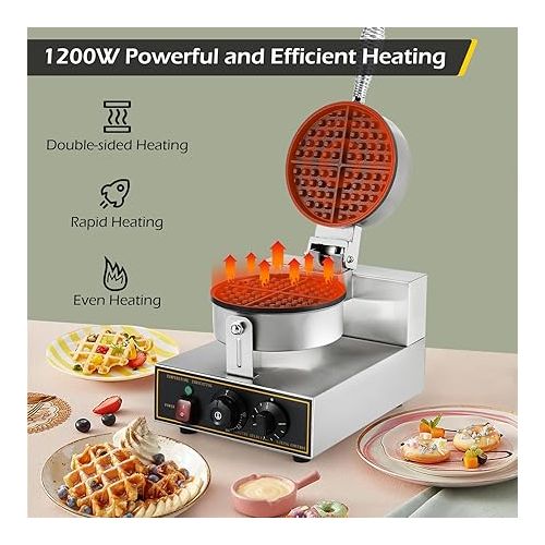  Dyna-Living Waffle Maker Commercial Waffle Maker Machine 110V 1200W Non-stick Waffle Iron Maker Stainless Steel Round Commercial Waffle Maker for Restaurant