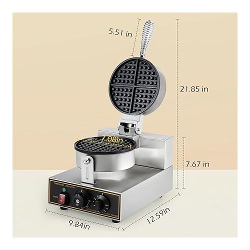  Dyna-Living Waffle Maker Commercial Waffle Maker Machine 110V 1200W Non-stick Waffle Iron Maker Stainless Steel Round Commercial Waffle Maker for Restaurant