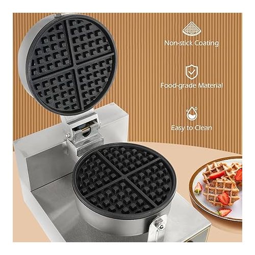  Dyna-Living Waffle Maker Commercial Waffle Maker Machine 110V 1200W Non-stick Waffle Iron Maker Stainless Steel Round Commercial Waffle Maker for Restaurant