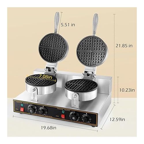  Dyna-Living Commercial Waffle Maker Double Heads Waffle Maker Machine 110V 2400W Non-stick Round Waffle Iron Maker Thicken Stainless Steel Waffle Maker Professional Waffle Maker for Restaurant