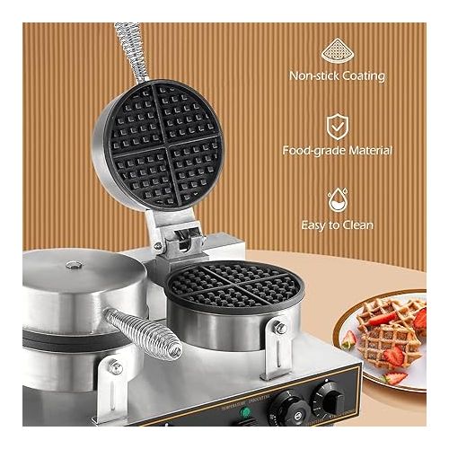  Dyna-Living Commercial Waffle Maker Double Heads Waffle Maker Machine 110V 2400W Non-stick Round Waffle Iron Maker Thicken Stainless Steel Waffle Maker Professional Waffle Maker for Restaurant