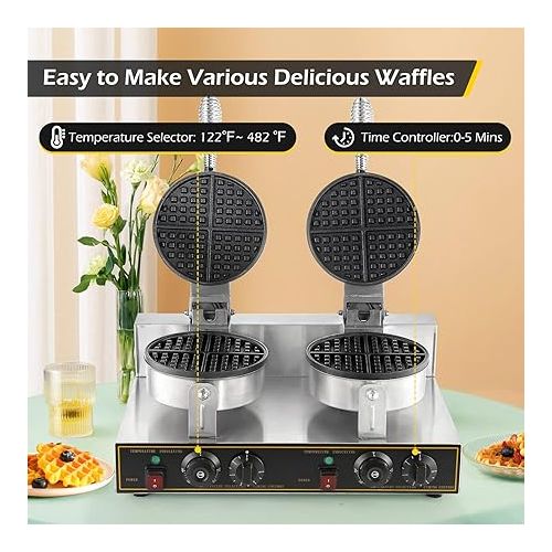  Dyna-Living Commercial Waffle Maker Double Heads Waffle Maker Machine 110V 2400W Non-stick Round Waffle Iron Maker Thicken Stainless Steel Waffle Maker Professional Waffle Maker for Restaurant