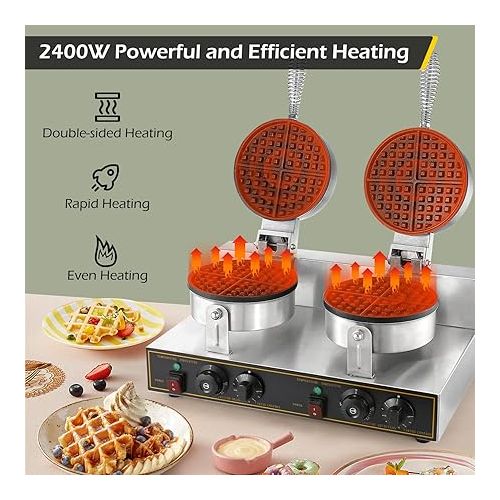  Dyna-Living Commercial Waffle Maker Double Heads Waffle Maker Machine 110V 2400W Non-stick Round Waffle Iron Maker Thicken Stainless Steel Waffle Maker Professional Waffle Maker for Restaurant