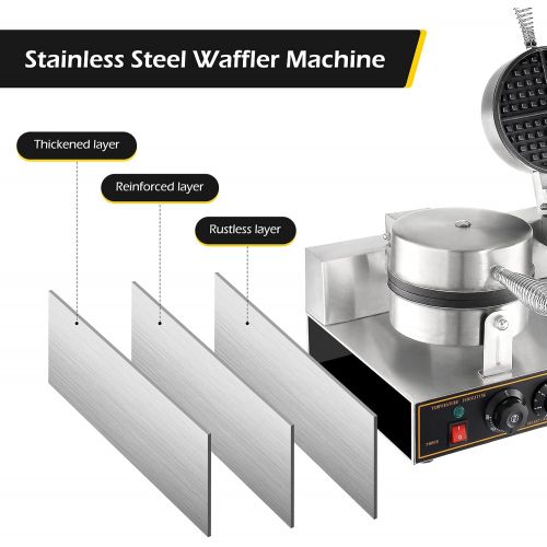  Dyna-Living Waffle Maker Electric Waffle Iron Cone Machine 110V Stainless Steel Non-stick Double Head Waffle Furnace Suitable for Bakery, Restaurant, Snack Bar or Household